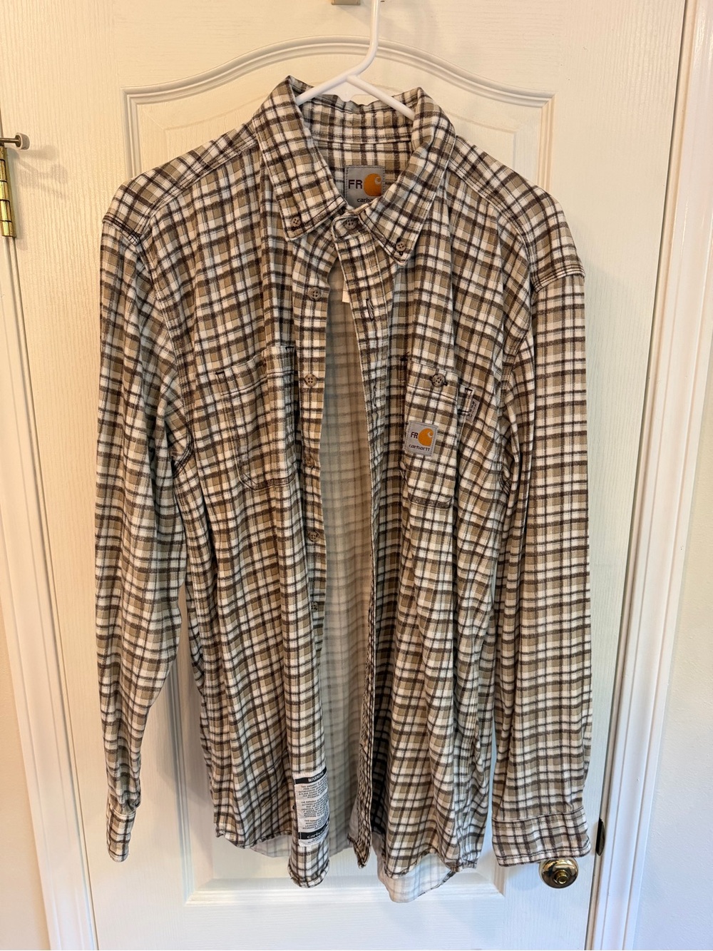 Carhartt Fire Resistant (FR) Men's Plaid Button-Down Shirt in Brown and Cream